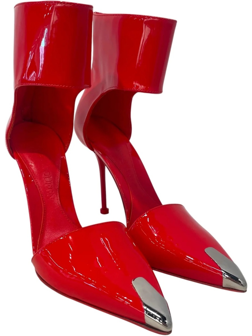 Red Patent Pointed-Toe Ankle-Cuff Stiletto Pumps